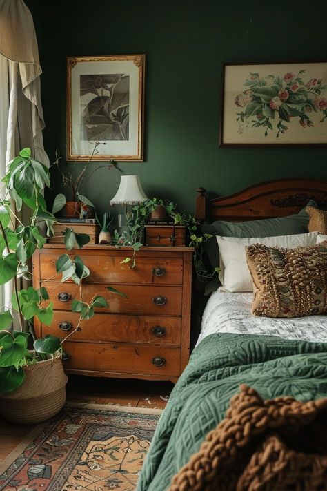 Dark Green And Brass Bedroom, Bedroom With Forest Green Bedding, Sage And Dark Wood Bedroom, Earthy Bedroom Green Walls, Home Decor Ideas Eclectic, Peaceful Cozy Bedroom, Old House Bedroom Ideas, Green Color Drench Bedroom, Lotr Home Aesthetic