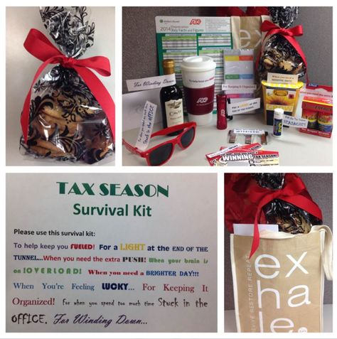 Tax Season Survival Kit, Survival Kit Gifts, Survival Kits, Tax Season, Survival Kit, Work Wardrobe, Homemade Gifts, Diy Gift, Baskets