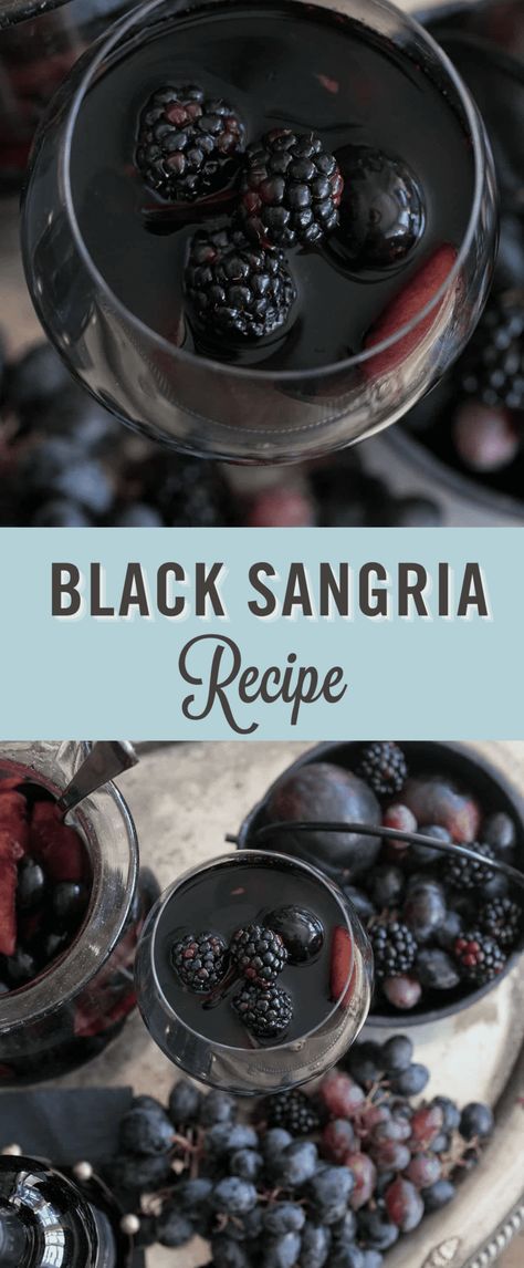 Halloween Wine Party Food, Black Sangria Recipe, Halloween Dispenser Drinks, 2023 Halloween Party, Black Magic Sangria, Black Halloween Food Ideas, Red And Black 30th Birthday Party, Easy Halloween Sangria, Coven Party Ideas