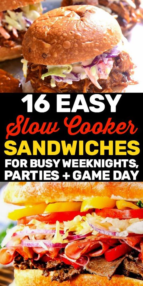 Almost Effortless Slow Cooker Sandwiches Your Guests Will Rave About #partyfood #gameday #gamedayfood #football #footballfood #easymeals #slowcooker #crockpot #slowcookermeals Crockpot Meals For Guests, Slow Cooker Sandwiches, Football Food Crockpot, Crock Pot Sandwiches, Crockpot Party Food, Crockpot Lunch, Crockpot Meat, Sandwhich Recipes, Football Party Food