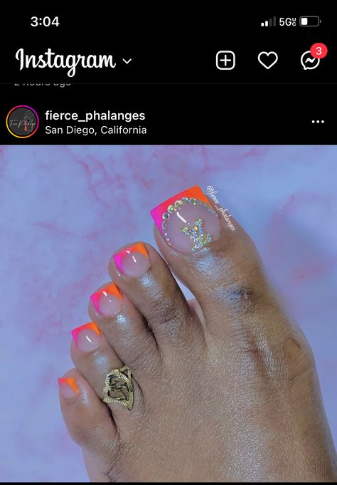 Pink And Orange Pedicure, Pink And Orange Toenails, Orange Toe Nail Designs, Orange Toe Nails, Barbie Invitation, Pink Toe Nails, Toenail Designs, Wedding Manicure, Gel Toe Nails