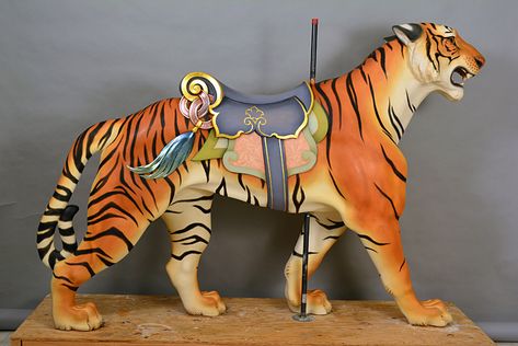 There are plenty of antique animals to keep collectors happy for the rest of time, like this beautiful Dentzel tiger recently painted for a private owner by carousel artist, Pam Hessey. We would do well to keep the remaining tigers on operating carousels right where they are. Mary Go Round, Carousel Art, Painted Pony, Carnival Themes, Carousel Horses, The Masters, A Tiger, Rocking Horse, Ponies