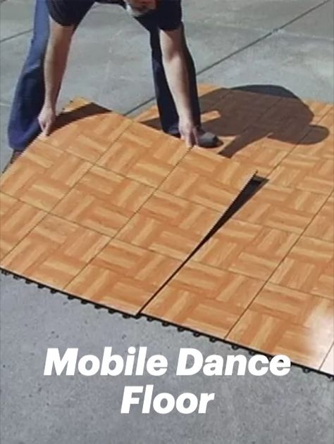 man installing portable dance floor outside on concrete Diy Outdoor Dance Floor Cheap, Diy Dance Floor Outdoor, Diy Dance Floor Cheap, Portable Flooring, Temporary Dance Floor, Diy Dance Floor, Dance Floor Diy, Adult Prom, Easy Flooring