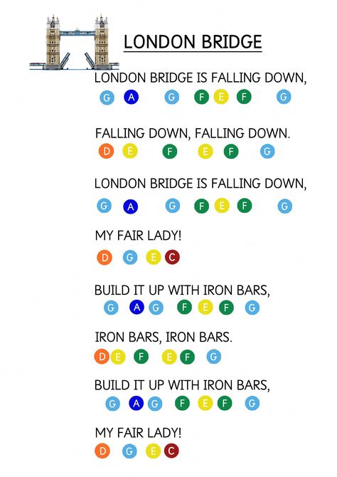 London Bridge is Falling Down - Easy Piano Music Sheet for Toddlers. How to teach young children to play music keyboard using coloured stickers. #keyboardlessons Piano Music For Kids, Keyboard Noten, Piano Music With Letters, Easy Piano Music, Piano Songs For Beginners, Piano Sheet Music Letters, Piano Lessons For Kids, Beginner Piano Music, Piano Music Easy