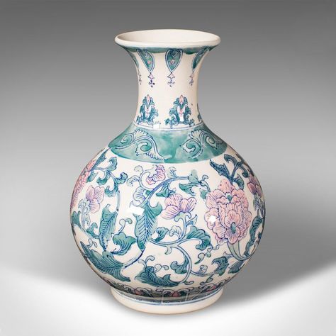 This is a large vintage baluster vase. A Chinese, ceramic flower pot, dating to the late 20th century in Art Deco revival taste, circa 1970.   Appealing decorative vase in Oriental Art Deco taste Displays a desirable aged patina and in good order Bulbous ceramic form accentuated with a gentle palette of pastels Wash painted foliate decor in light green, blue and pink hues  This is a charming vintage baluster vase, with a colourful pastel appearance. Delivered ready to display.  Dimensions: Max W Antique Vase Drawing, Ceramic Cylinders, Unique Flower Pots, Object Reference, Pinterest Room, Large Ceramic Vase, Art Deco Revival, Vase Painting, Paint Inspo