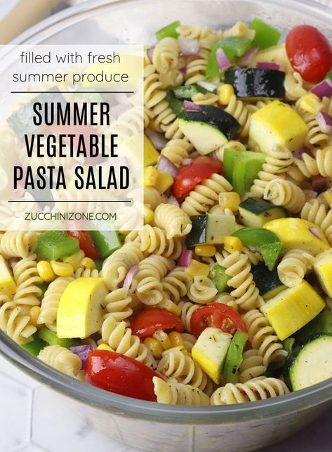 Summer vegetable pasta salad recipe by Zucchini Zone. Summer vegetable pasta salad is the perfect addition to your next warm weather picnic or barbecue. Tossed in a homemade vinaigrette dressing, this pasta salad is filled with fresh summer produce like zucchini, summer squash, bell pepper, tomatoes, and corn. #pastasalad #summer #summersidedish #freshvegetables #recipe Squash Pasta Salad, Squash And Zucchini Salad, Cold Squash Salad, Pasta With Zucchini And Squash, Pasta Salad With Zucchini And Tomatoes, Pasta Salad Zucchini, Zucchini Summer Salad, Roasted Vegetable Salad Recipes, Zucchini And Squash Salad