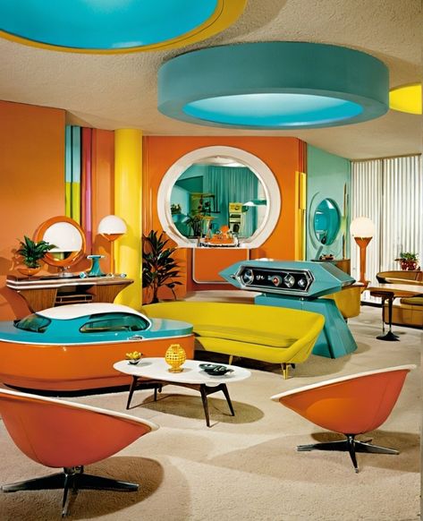 50s Office Decor, Retro Future Furniture, Futuristic Retro Interior, 60s Mod Aesthetic Decor, Mid Century Futurism, 60s Furniture 1960s Interior Design, Atomic Living Room, Retro Futurism Home, 60s Living Room Decor