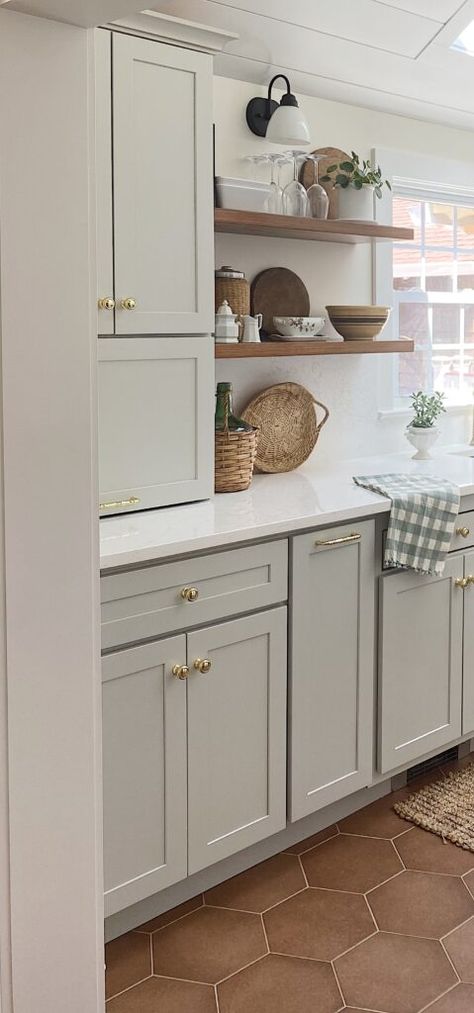 Grey Kitchen Cabinets With Wood Accents, Kitchen Sink With Floating Shelves, Kitchen Cabinet Shelves Ideas, Open Kitchen Shelves Next To Cabinets, Galley Kitchen Wood Floors, Open Shelving In The Kitchen Next To Cabinets, Kitchen With Upper Cabinets And Shelves, Upper Cabinets With Shelf Below, Upper Cabinets With Floating Shelves