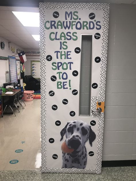 Polka dot theme, Dalmatian decor, dog door, elementary classroom door, spots. I printed the Dalmatian on my school’s poster printer. Polka Dot Bulletin Board Ideas, Dalmatian Classroom Theme, 101 Day Of School Dalmation, Dalmatian Decor, 101 Dalmatians Door Decorations, Dalmatian Classroom, 101 Dalmations Decor, Dalmatian Classroom Decor, Cow Print Classroom Theme