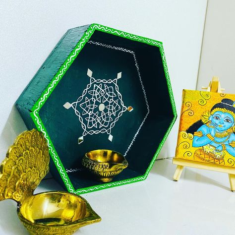 Hexagon tray/ shelf with kolam and mirrors Hexagon Tray, Kolam Rangoli, Diwali Decorations, Diwali, Decorative Boxes, Coasters, Tray, Arts And Crafts, Shelves