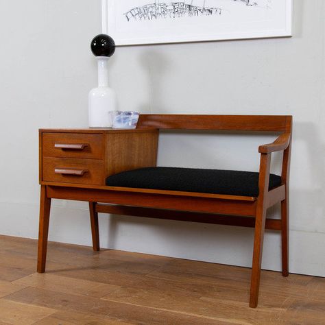 A super two drawer Mid Century telephone table with decent angles to the legs and frame. The table has a pair of useful drawers and comes with a new seat cushion in a new fire retardant black boucle seat. Mid Century Telephone Table, Mid Century Hall Table, Telephone Table With Seat, Telephone Seat, Antique Console Table, Phone Table, Telephone Table, Fire Retardant, Furniture Restoration