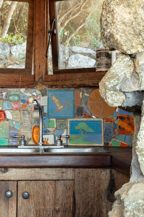 Photo 3 of 14 in The Home of “The Man Who Built Big Sur” Lists for $7M from The Home of ‘The Man Who Built Big Sur’ Lists for $7M - Dwell Colored Glass Bottles, Outdoor Tub, The University Of Oklahoma, Organic Architecture, Small Places, Built In Desk, Exposed Wood, Prefab Homes, Green Roof