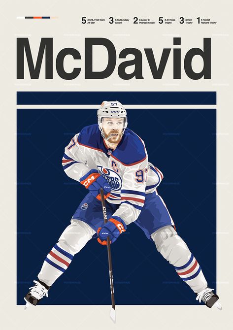 Connor McDavid poster featuring a mid century modern design style. The high-quality print showcases a beautiful digital drawing of Connor McDavid. Perfect for any Edmonton Oilers fan looking to add some flair to their living space. Design Posters, Hockey Posters, Connor Mcdavid, Sports Posters, Hockey Stuff, Edmonton Oilers, Hockey Player, Modern Mid Century, Sport Poster