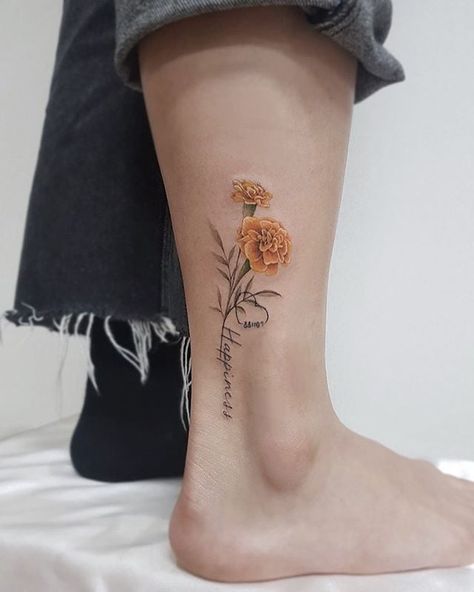 Marigold Flower Tattoo With Name, Marigold With Name Tattoo, Marigold Tattoo With Name, Carnation Forearm Tattoo Women, Tattoo Words And Flowers, Como La Flor Tattoo, Marigold Wrist Tattoo, Tattoo Carnation Flower, Self Love Flower Tattoo