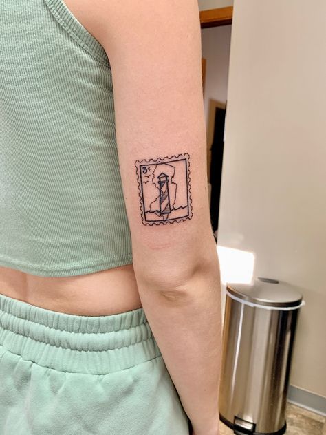 Florida Keys Tattoo, Time Stamp Tattoo, Jersey Tattoo, Stamp Tattoo Postage, Jersey Tattoo Ideas, Nj Tattoo, Tattoo Lighthouse, Post Stamps Tattoo, New Jersey Tattoo Ideas