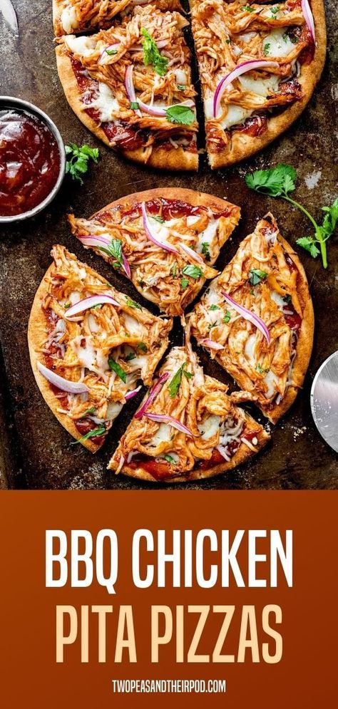 BBQ Chicken Pita Pizzas- pita bread topped with barbecue sauce, shredded chicken, mozzarella cheese, red onion, and cilantro. A fun and delicious meal that only takes 20 minutes to make! What To Eat Pita Bread With, Pita Ideas Dinners, Bbq Pita Pizza, Pita Pizza Recipes Healthy, Keto Pita Pizza, Pita Bread With Chicken, Ideas For Pita Bread, Chicken In Pita Bread, Healthy Pita Pizza