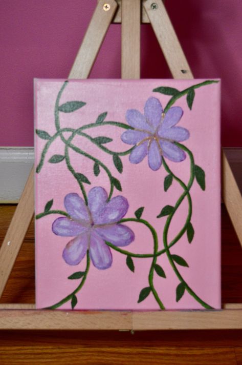 Flowers Painting Aesthetic, Cute Purple Paintings, Pink Background Canvas Painting, Purple Easy Paintings, Purple Paintings Easy, Pink Background Painting, Purple Aesthetic Drawings, Vines Painting, Canvas Painting Ideas Flowers