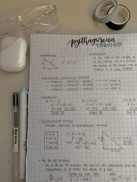 Noted Aesthetic Math, Collage Math Notes, Korean Math Notes, Pythagorean Theorem Notes Aesthetic, Math Aesthetic Notes Ideas, Pretty Notes Aesthetic Math, Neat Math Notes, Pythagoras Theorem Notes, Aesthetic Study Notes Maths