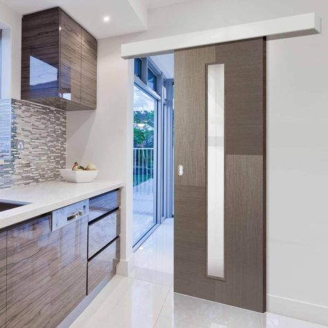 Single Sliding Door & Wall Track - Hermes Chocolate Grey Internal Door.    #architecture #interiors Kitchen Sliding Door, Grey Internal Doors, Single Sliding Door, Sliding Doors Internal, Kitchen Sliding Doors, Internal Sliding Doors, Kitchen Design Pictures, Modern Sliding Doors, Sliding Door Blinds