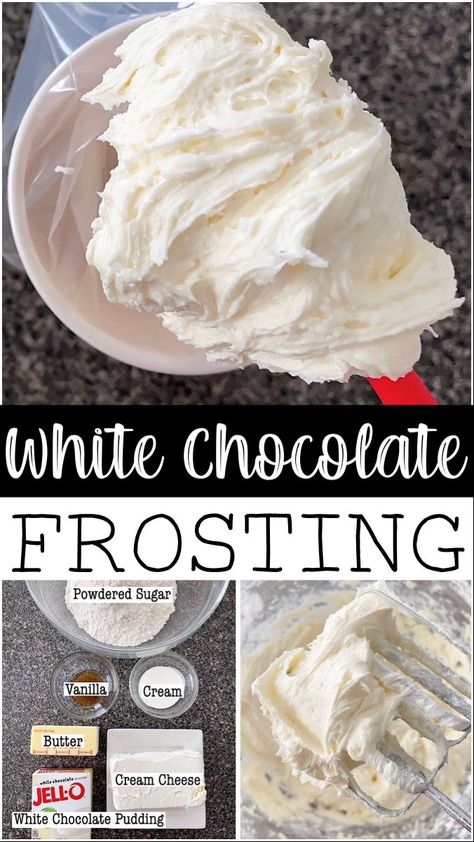 If you’re a white chocolate fan, then this frosting is an absolute must-try. Made with white chocolate instant pudding, butter, and cream cheese, it’s incredibly creamy and rich, with just the right amount of sweetness. The instant pudding mix provides the perfect white chocolate flavor, and the texture is perfect for piping onto cupcakes or spreading onto a cake. Icing Made With Pudding, White Chocolate Frosting Recipe, Best Chocolate Icing, White Chocolate Ganache Frosting, White Chocolate Buttercream Frosting, Chocolate Frosting Recipe, White Chocolate Icing, Chocolate Buttercream Frosting Recipe, Pudding Frosting