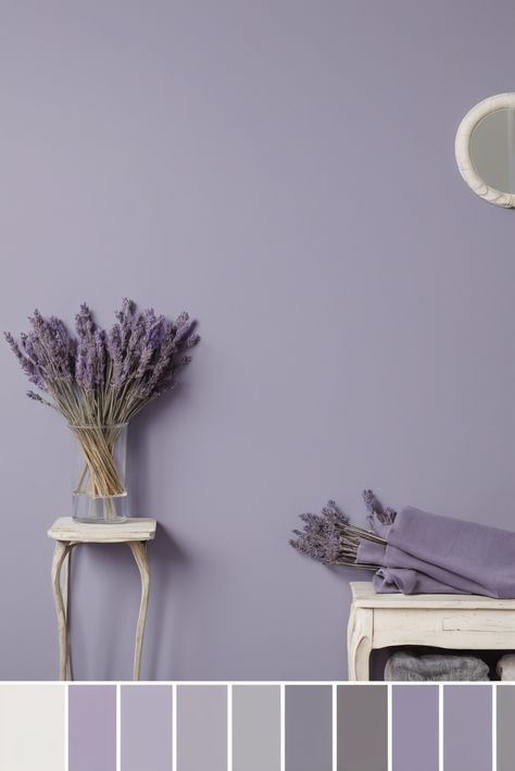 Lavender Paint Bedroom, Lavender Wall Paint, Colors With Lavender, Lavender Room Ideas, Lavender Office, Cherry Wood Kitchen Cabinets, Using Lavender, Lavender Color Palette, Lavender Bedroom