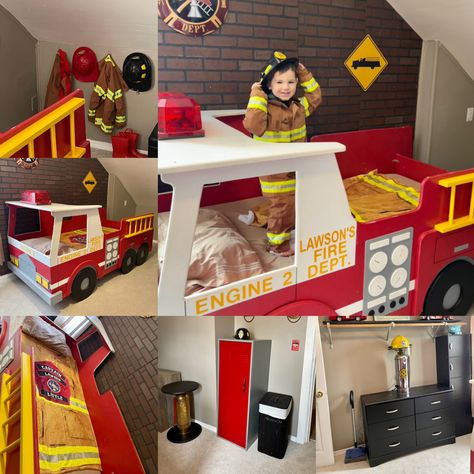 Fire Truck Bed, Firetruck Bedroom Ideas, Fire Truck Nursery Ideas, Fire Truck Room Decor, Firetruck Toddler Bed, Fire Truck Bedroom Overstock, Fire Truck Bedroom, Firefighter Room, Fire Truck Room