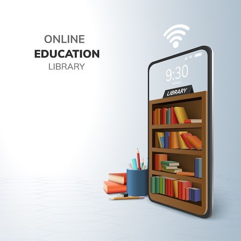 Digital library online education interne... | Premium Vector #Freepik #vector #book-online #mobile-learning #online-library #book Library Icon, Education Poster Design, Library Posters, Picture Editing, Picture Editing Apps, Pile Of Books, Education Icon, Modern Library, Creative Flyers