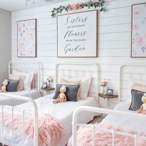 Three sisters. One room 💗💗💗. @ellisonmade, beautiful job! Thanks got the tag. #projectjunior #sisters #threesisters #kidsroom #girlsroom Girl Bedrooms, Shared Girls Room, Sister Room, Shared Bedroom, Shared Room, Pastel Decor, Girl’s Room, Big Girl Rooms