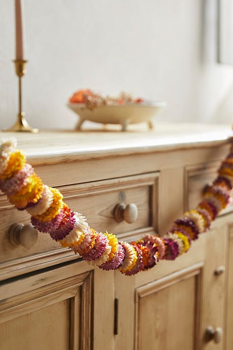 Add natural color and texture to the mantel with this gorgeous garland. Made up of dried helichrysum flowers for a festive, celebratory look. | Preserved Helichrysum Garland at Terrain Faux Hydrangea, Fall Garland, Flower Party, Harvest Decorations, Easter Shopping, Dried Floral, Creative Living, Hand Poured Candle, Flower Garlands