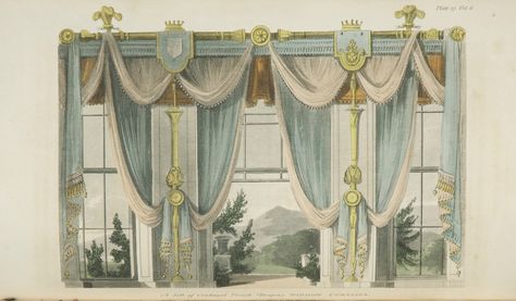 images of three window dining room curtains | 1811 - French Drapery Window Curtains Window Curtain from Ackermann's ... Regency Interior Design, Regency Interior, Regency Furniture, Swag Curtains, French Curtains, Gothic Windows, Layered Curtains, Ideas Decoracion, Drop Cloth Curtains