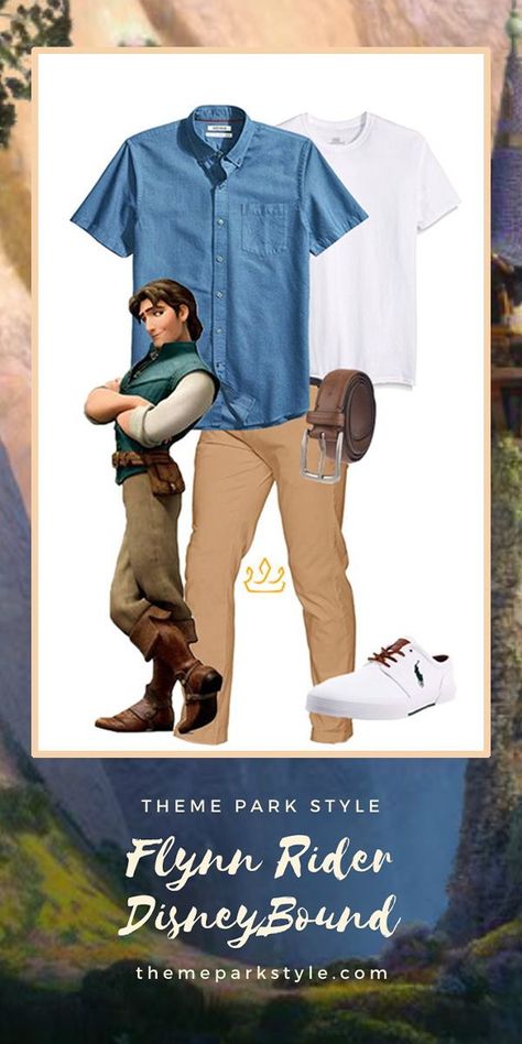 Flynn Rider DisneyBound & Tangled DisneyBound! My favorite Prince = my favorite Disney Prince DisneyBound! This casual DisneyBound is perfect for a trip to the parks. This Rapunzel DisneyBound is one of my favorite Disney character DisneyBound inspired outfits because it shows that simple DisneyBounds can still = stylish DisneyBounds! Plus, we love a mens DisneyBound outfit! Check out Theme Park Style for more DisneyBound inspiration and to buy these clothes! #TangledRapunzel #couplesdisneybound Disneybound Rapunzel And Flynn, Disney Prince Inspired Outfits Men, Flynn Rider Outfit For Men, Disney Bounding Flynn Rider, Disney Prince Outfits For Men, Hercules Disneybound Men, Diy Flynn Rider Costume Adult, Disneybounding For Men, Disneyland Outfits For Men