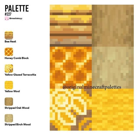 Yellow Minecraft Builds, Minecraft Palette Ideas, Minecraft Pallete Ideas, Minecraft Oak Palette, Minecraft Aesthetic Block Palette, Minecraft Birch Palette, Minecraft Acacia Palette, Minecraft Desert Block Palette, Minecraft Brick Palette