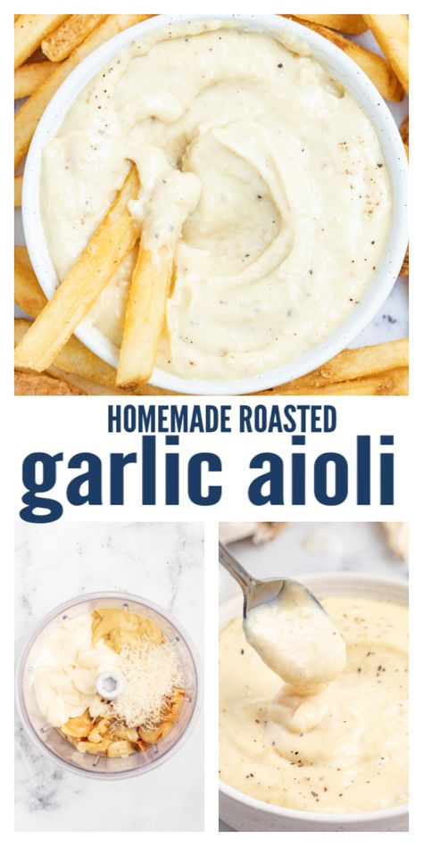 Ultra rich and creamy, this blended roasted garlic aioli will be your new favorite homemade condiment. Made with roasted garlic, dijon, parmesan, and a splash of lemon juice makes it perfect on top of your favorite sandwich or burger and great to dunk french fries into. #aiolirecipe #condiment #roastedgarlic #homemadeaioli #homemadesauce #homemademayo Garlic Aioli Recipe, Roasted Garlic Aioli, Aioli Recipe, Homemade Sauce Recipes, Homemade Condiments, Condiment Recipes, Garlic Aioli, Homemade Sauce, Aioli