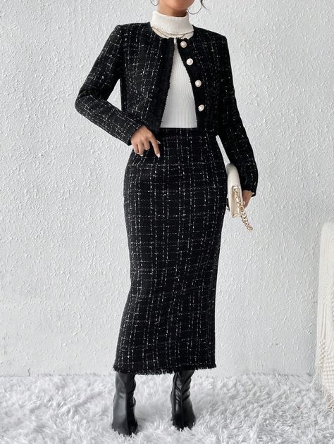 SHEIN Privé Plaid Tweed Jacket & SkirtI discovered amazing products on SHEIN.com, come check them out! Elegant Black And White Outfits, White Tweed Skirt Outfit, Black Tweed Jacket Outfit, Denim Trousers Outfit, Tweed Skirt Outfit, Tweed Outfits, Tweed Jacket Outfit, Tweed Jacket And Skirt, Tweed Fashion