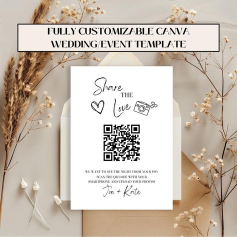 Share the Love QR Template | Honeymoon Fund Template | Canva Editable Template | Instant Download | Digital Download | Wedding | Bridal Shower | Customizable Make it easy for your wedding guests to contribute to your honeymoon fund with our Share the Love QR Template! This stylish and fully customizable template is perfect for adding a special touch to your wedding or bridal shower, making it simple for guests to give their gifts. What's Included: 1 Canva editable template (5 x 7 inches) Easy-to Qr Code Sign, Honeymoon Fund, Wedding Printable, Sign Wedding, Bridal Shower Theme, Wedding Guests, Wedding Sign, Wedding Printables, Wedding Basket