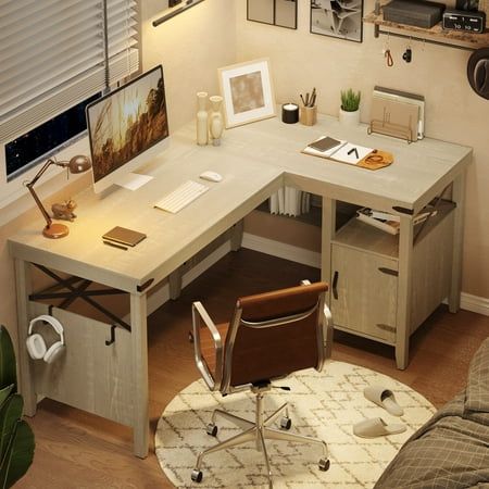 Corner Desk With Shelves, Storage Cabinet Office, Desk With Cabinet, Small Room Desk, Home Office Farmhouse, Desk With Bookshelf, White Computer Desk, Computer Desk Home Office, Computer Desk With Storage