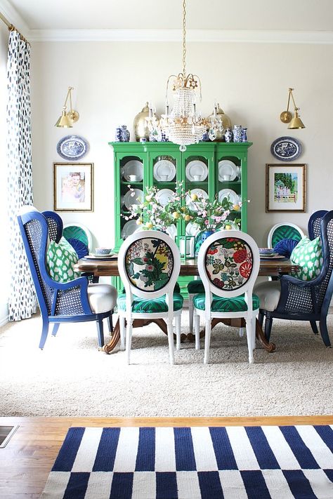 IT'S A COLORFUL LIFE- SPRING HOME TOUR 2019 - Dimples and Tangles Colorful Dishware, Cabbage Ware, Cabbage Dishes, Dimples And Tangles, China Cabinets, Printed Chair, Sopot, The Dining Room, Dining Room Inspiration