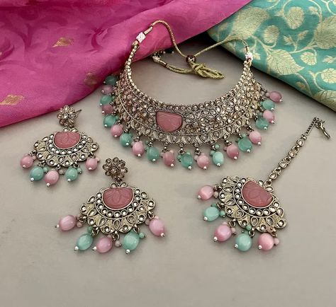 Buy Pink and Green Polki Jewelry Set/polki Bridal Choker Online in India - Etsy Bridal Choker Set, Engagement Look, Indian Bridal Jewelry, Pink Choker, Bridal Choker, Polki Jewellery, Blue Saree, Silver Jewelry Necklace, Necklace Sets