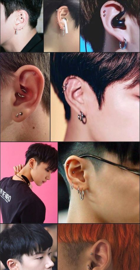 ten from wayv piercings Male Piercing Ideas, Kpop Piercings Female, Jungkook Ear Piercings, Ear Piercings Boy, Helix Piercing Men, Ear Piercings Men, Jungkook Earrings, Jungkook Piercing, Guys Ear Piercings