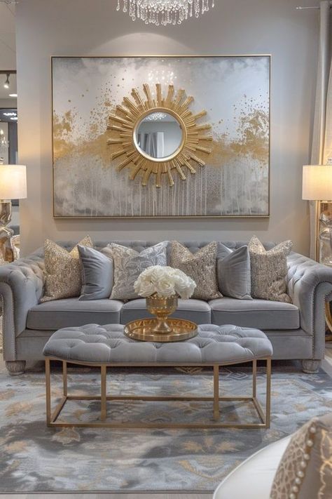 Grey And Gold Decor Living Room, Gray And Gold Home Decor, Grey And Gold Living Room Decor, Grey Gold Living Room Ideas, Grey Couch Gold Accents, Grey And Gold Living Room Ideas, Gray And Gold Living Room Decor, Gold And Grey Living Room, Room Ideas Glam