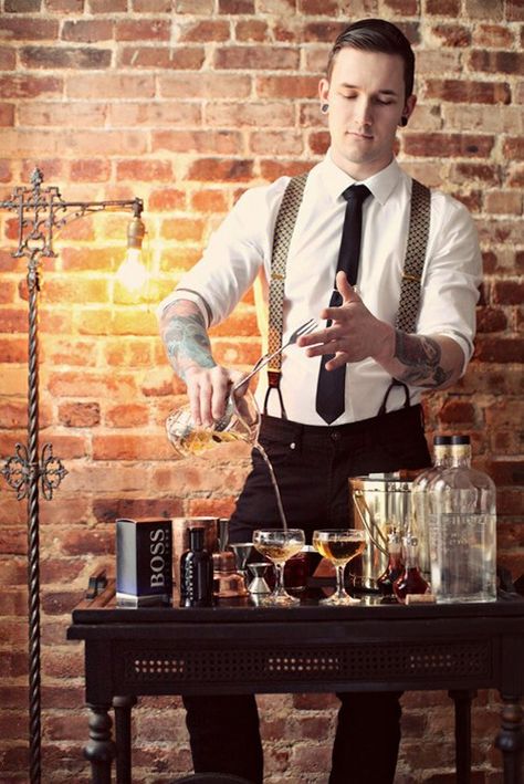 Braces & Bourbon I like the suspenders showing Bartender Uniform, Male Uniform, Bar Uniform, Bartender Outfit, Uniform Ideas, Inspired By Charm, Stylish Mens Suits, Trust Issues, Stylish Mens Outfits