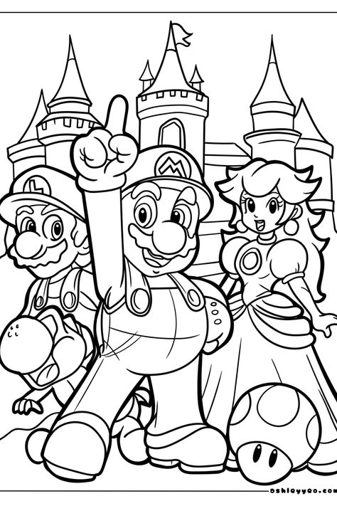 Mario, Luigi, and Princess Peach standing in front of a castle, with a large mushroom on the ground. Mario Coloring, Pikachu Coloring Page, Super Mario Coloring Pages, Fathers Day Coloring Page, Mario Coloring Pages, Pokemon Coloring Pages, Coloring Page Ideas, Pokemon Coloring, Relaxing Colors