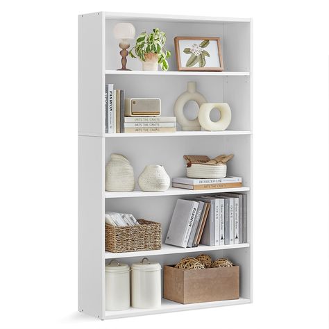 PRICES MAY VARY. [Spacious] This 5-tier bookcase sized 9.4"D x 31.5"W x 52.7"H utilizes vertical space to display your favorite books or special treasures. This keeps them easily accessible in the living room, study, or bedroom [Adjustable Shelves] The first, third, and fourth shelves can be adjusted to 3 height positions (up or down 1.2"), making the shelf spacing adjustable between 8.7-11", so tall books, artwork, or storage boxes can easily fit in this bookshelf [Durable and Strong] Made of 0 Multi Shelf Decor, Book Shelves For Bedroom, Book Shelf For Room, White Bookshelf Styling, Coastal Bookshelf, Living Room Bookshelf Decor, Box Bookshelf, Shelf Spacing, Bookshelf Room