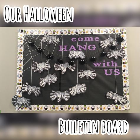 Halloween Teacher Bulletin Board, Halloween Themed Classroom Boards, Spider Classroom Door Ideas, Spider Halloween Classroom Door, Halloween Crafts For Bulletin Boards, Diy Halloween Bulletin Board, Halloween Bulletin Boards For Hospital, Halloween Teacher Board Ideas, Halloween Themed Bulletin Boards Preschool