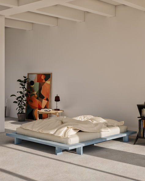 Dive into the tranquility of our Japan bed in Blue Dream. This elegant shade brings a touch of minimalistic sophistication to any bedroom. #KarupDesign #JapanBed #BlueDream #Minimalist #BedroomGoals 70s House Decor, Minimal Bed Frame, Japan Bed, Painted Bed Frames, Palette Bed, Japan Interior Design, Japan Furniture, Japanese Bed, Zimmer Diy