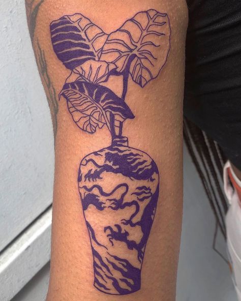 Dark Purple Tattoo Ink, Ceramic Skin Tattoo, Healed Color Tattoos On Dark Skin, Purple Tattoo On Dark Skin, Dark Purple Tattoo, Colored Tattoos On Dark Skin, Tattoo Ideas Dark Skin, Purple Ink Tattoo, Tattoos Dark Skin