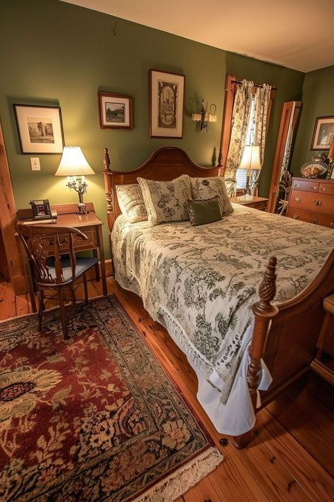 Old Style Bedroom Aesthetic, Cozy Cottage Interiors Bedroom, Gilded Age Bedroom, Romantic Guest Bedroom Ideas, Folklore Bedroom Aesthetic, Simple Vintage Bedroom, Grandma Bedroom Aesthetic, 90s Home Aesthetic, Green Wall Room