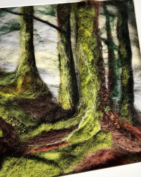 WIP . More layers added to build up the forest floor. I’ve felted thick mats of wool, then cut shapes of moss and felted them in to give the depth. Lots more to do ! Have a special commission I’m working on as well , something very different to work on 😊.#wip #wipfolksy #needlefeltedpicture #woolart #fibreartist #yorkartist #natureinspired #paintingwithwool #trees #folksyshop Wool Felt Landscapes, Felting Pictures Ideas, Needle Felted Trees, Needle Felted Pictures, Needle Felted Landscapes, Needle Felting Pictures, 2d Needle Felting, Felting Landscapes, Needle Felted Tree