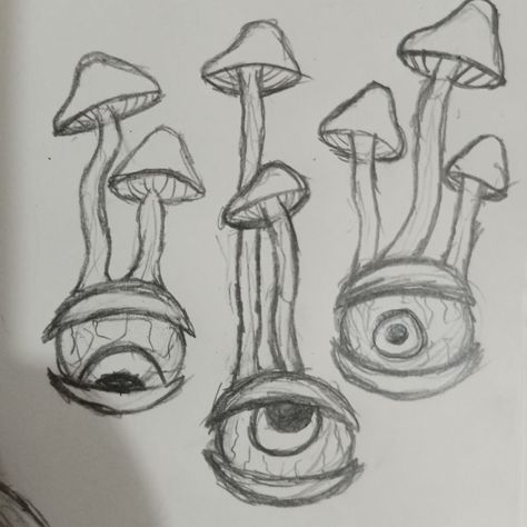 Things To Draw Tattoo Ideas, Eye Mushroom Drawing, Spooky Sketches Halloween, Surrealism Drawing Ideas Easy, Weird Painting Ideas Easy, Weird Core Sketches, Scary Easy Drawings, Checkers Drawing, Mushroom Eye Drawing