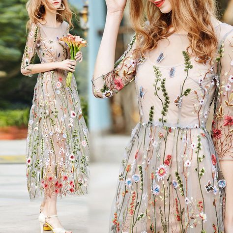 Summer Flower Embroidery Mesh Evening Party Maxi Cocktail Long Dress Beach Dress in Clothes, Shoes & Accessories, Women's Clothing, Dresses | eBay! Black Floral Sundress, Casual Chique, Long Beach Dress, Trendy Dress, Half Sleeve Dresses, Floral Sundress, Dress Beach, Midi Dress Summer, Flower Embroidery